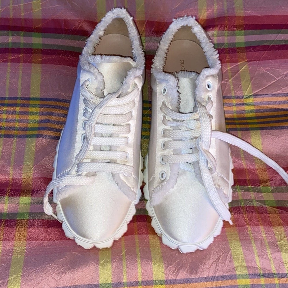 Stuart Weitzman Fringie Cover Story white silk satin sneaker sz 9.5